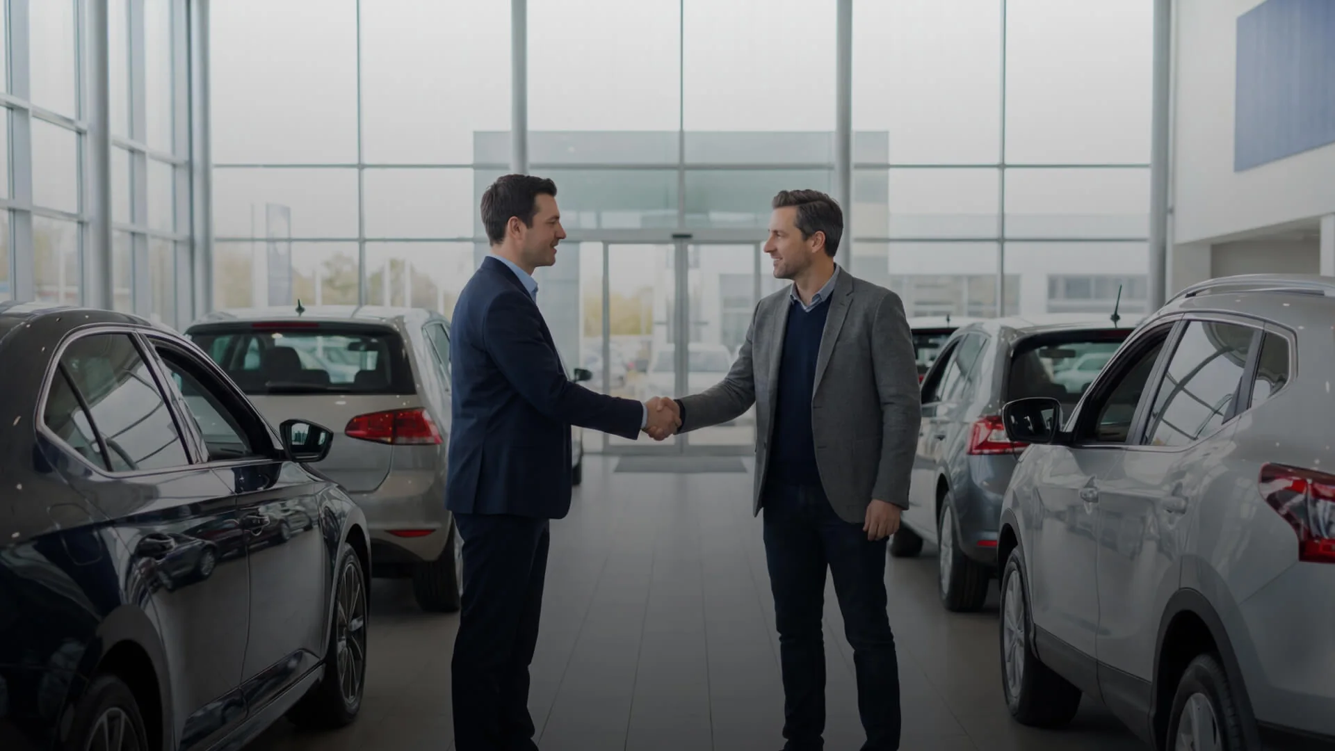 A dealership salesperson shaking hands with a customer in a car showroom