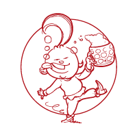 Black and white cartoon drawing of a running mouse wearing a hat and carrying a basket.