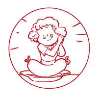 White line drawing of a smiling child with curly hair holding a fork and knife, sitting behind a sausage on a plate inside a circle.