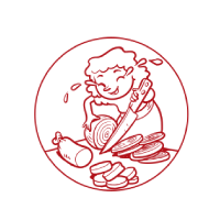 White line drawing of a person peeling or slicing a vegetable inside a circle on a black background.