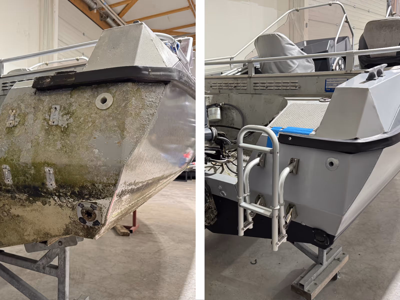 Ennen ja jälkeen alumiiniveneen huollon Big J Venehuollon toimipaikassa Turussa