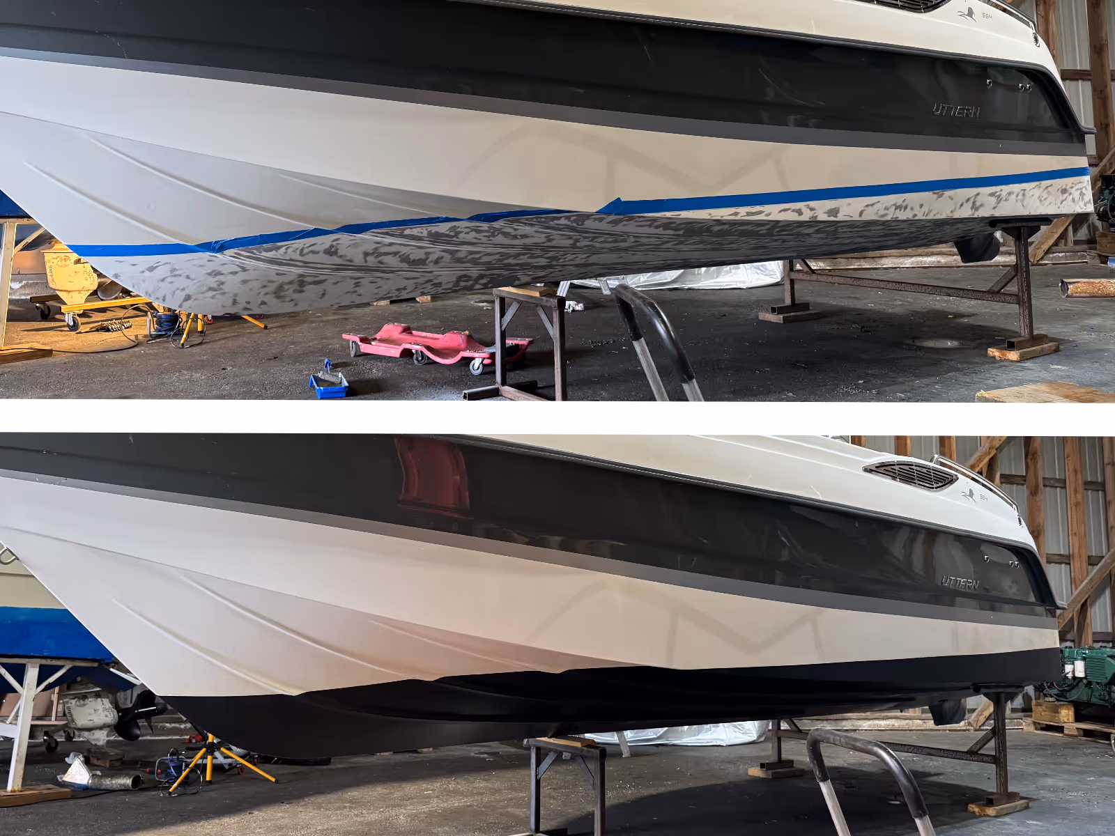 Ennen ja jälkeen veneen pohjan maalauksen Big J Venehuollon toimipaikassa Turussa