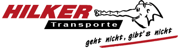 Logo der Firma Hilker Transporte mit stilisiertem Pferdekopf und dem Slogan „geht nicht, gibt's nicht“.