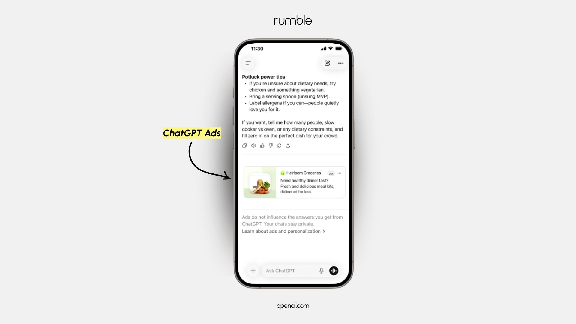 Aperçu d'une publicité ChatGPT Ads intégrée dans une conversation sur mobile