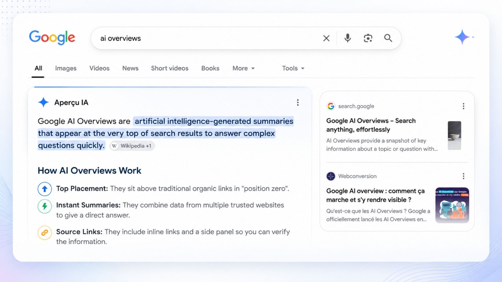 Page de résultats Google affichant un Aperçu IA (AI Overviews)