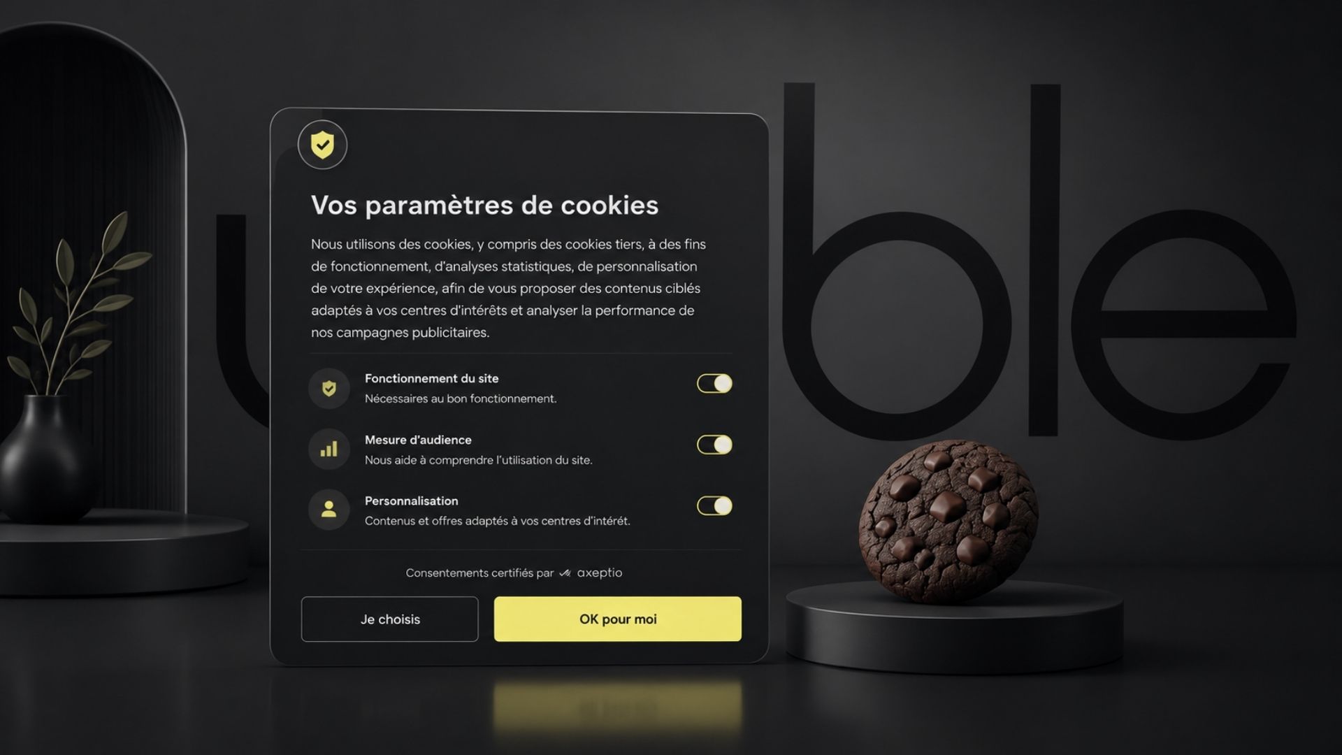Bannière de consentement aux cookies certifiée Axeptio sur fond rumble