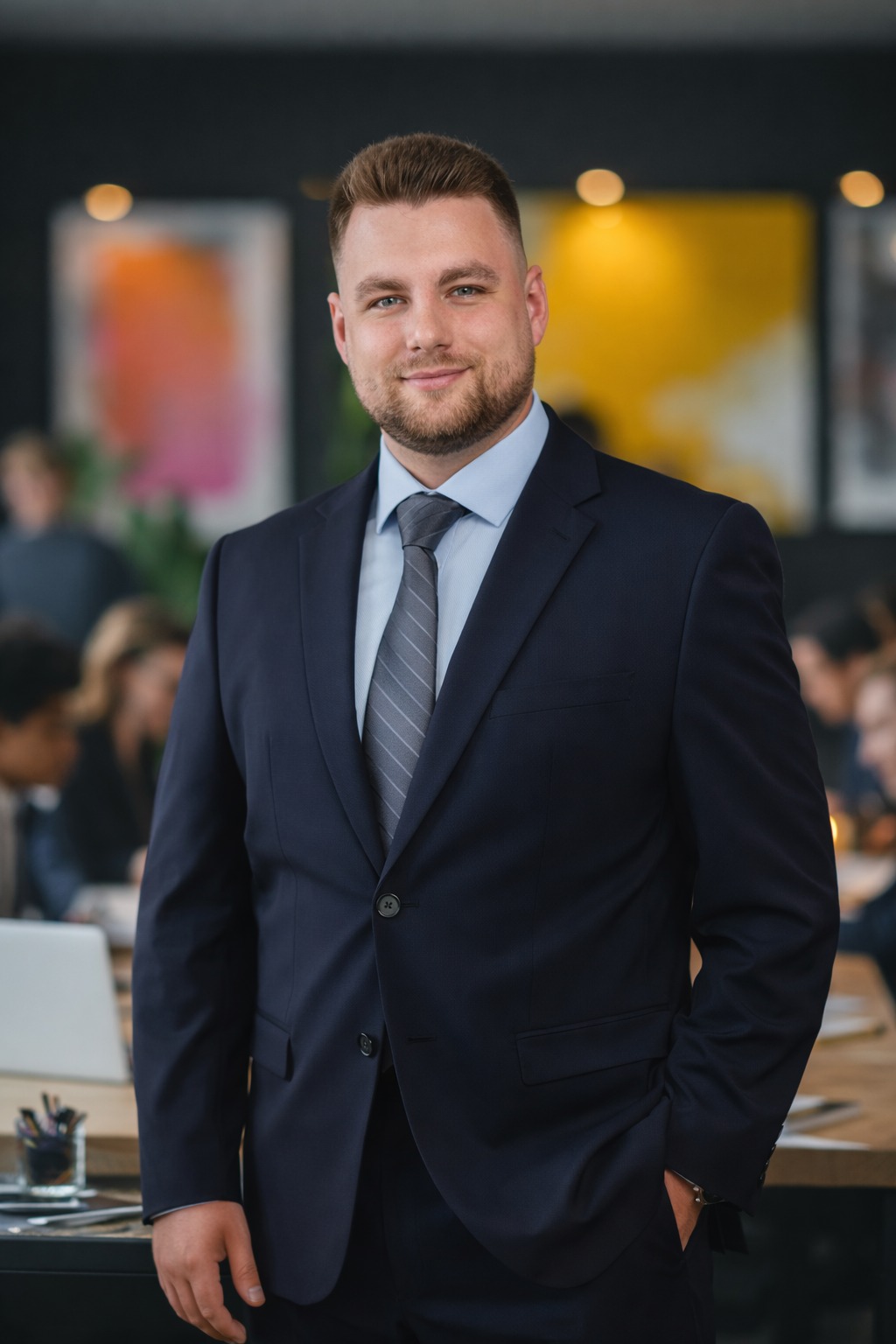 Smiling man in navy suit and striped tie standing in a busy modern office.