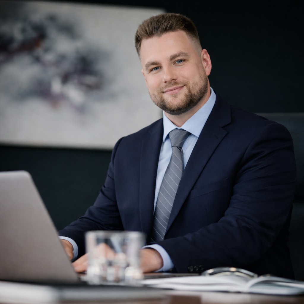 Man in a suit and tie sitting at a desk with a laptop, smiling at the camera.