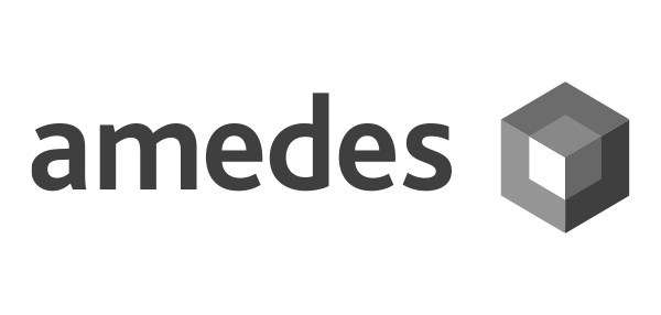 amedes company name with a three-dimensional cube logo.