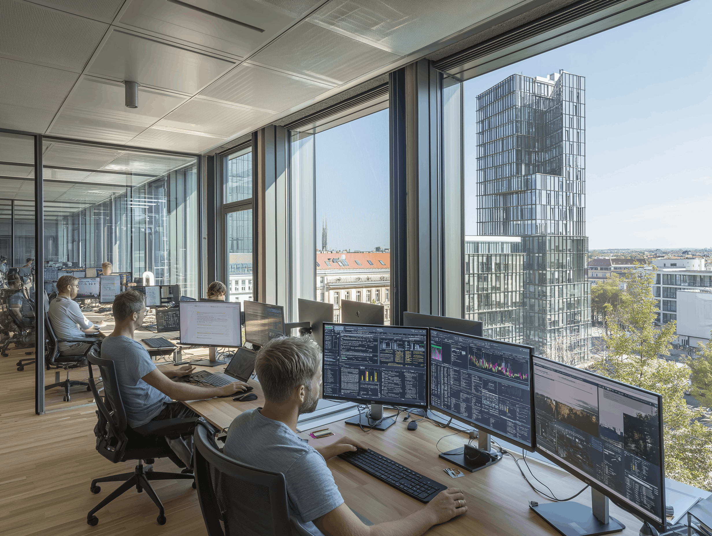 Open office with multiple people working at desks with large monitors, overlooking a cityscape with glass buildings.