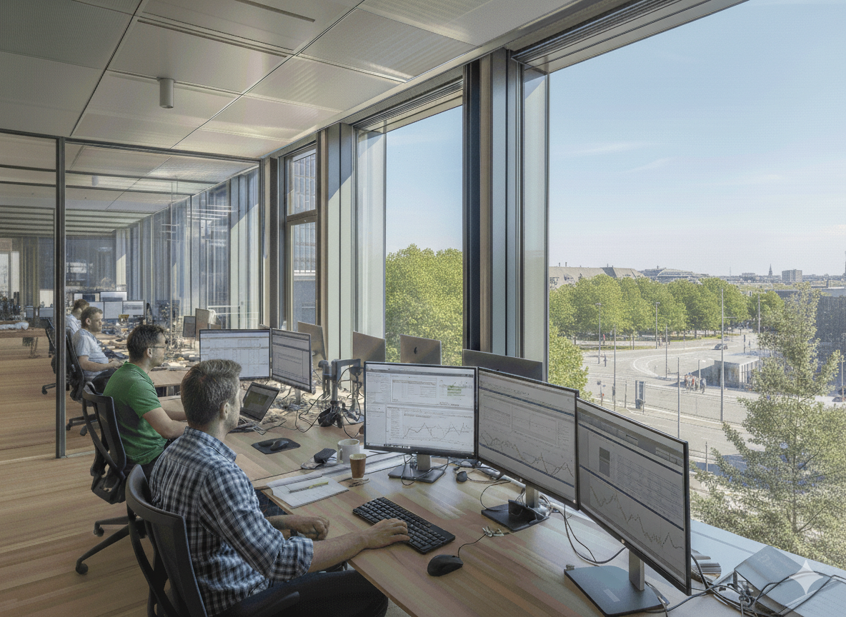 Three men working in a dark office with multiple computer monitors displaying data, maps, and analytics.