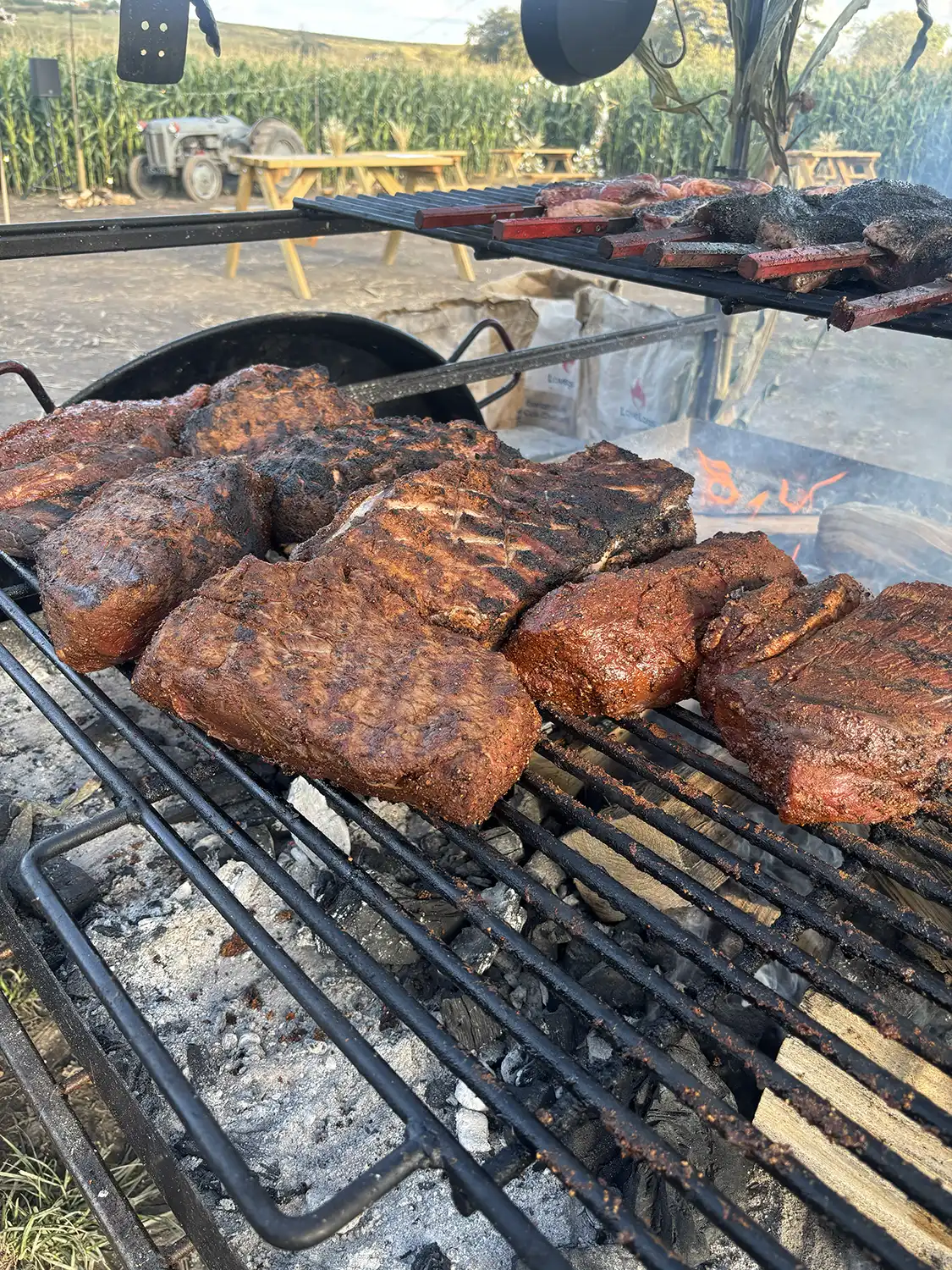 Beef picanha finishing directly on glowing coals