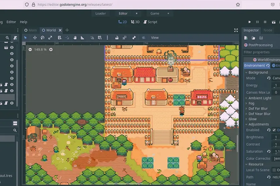 Een screenshot van een pixel-art game, geopend in Godot.