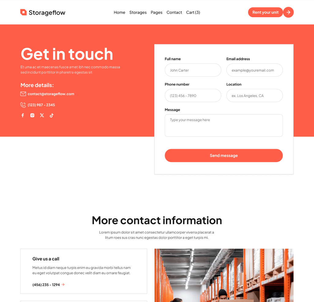 Storageflow - Contact V3 Top Page - Local Storage Webflow Template | BRIX Templates
