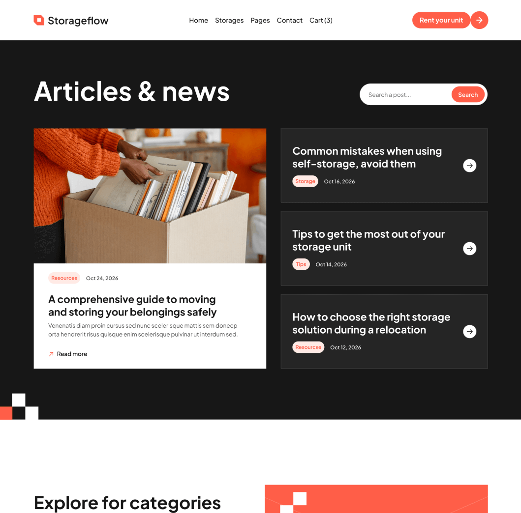 Storageflow - Blog V1 Main Page - Local Storage Webflow Template | BRIX Templates
