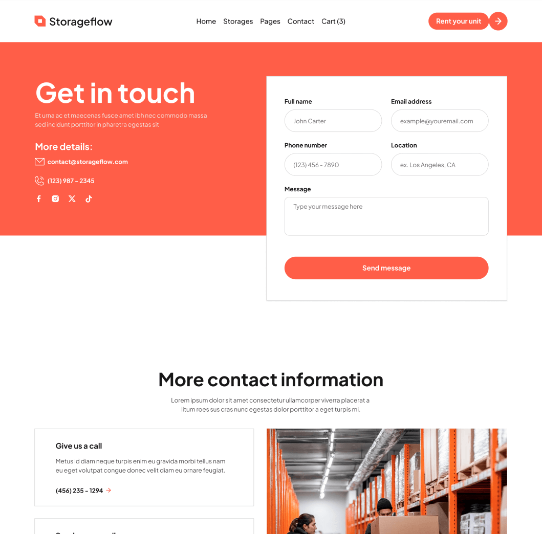 Storageflow - Contact V3 Main Page - Local Storage Webflow Template | BRIX Templates

