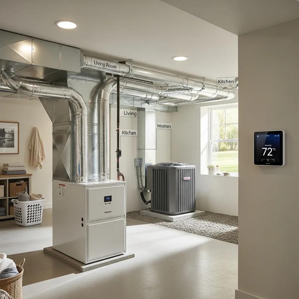 Modern HVAC system components in a residential setting highlighting energy efficiency