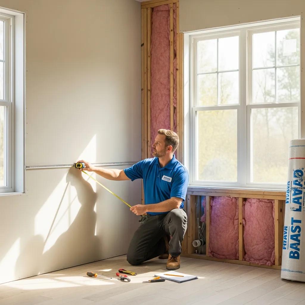 Technician measuring room dimensions for air conditioning unit sizing, emphasizing accurate load calculations
