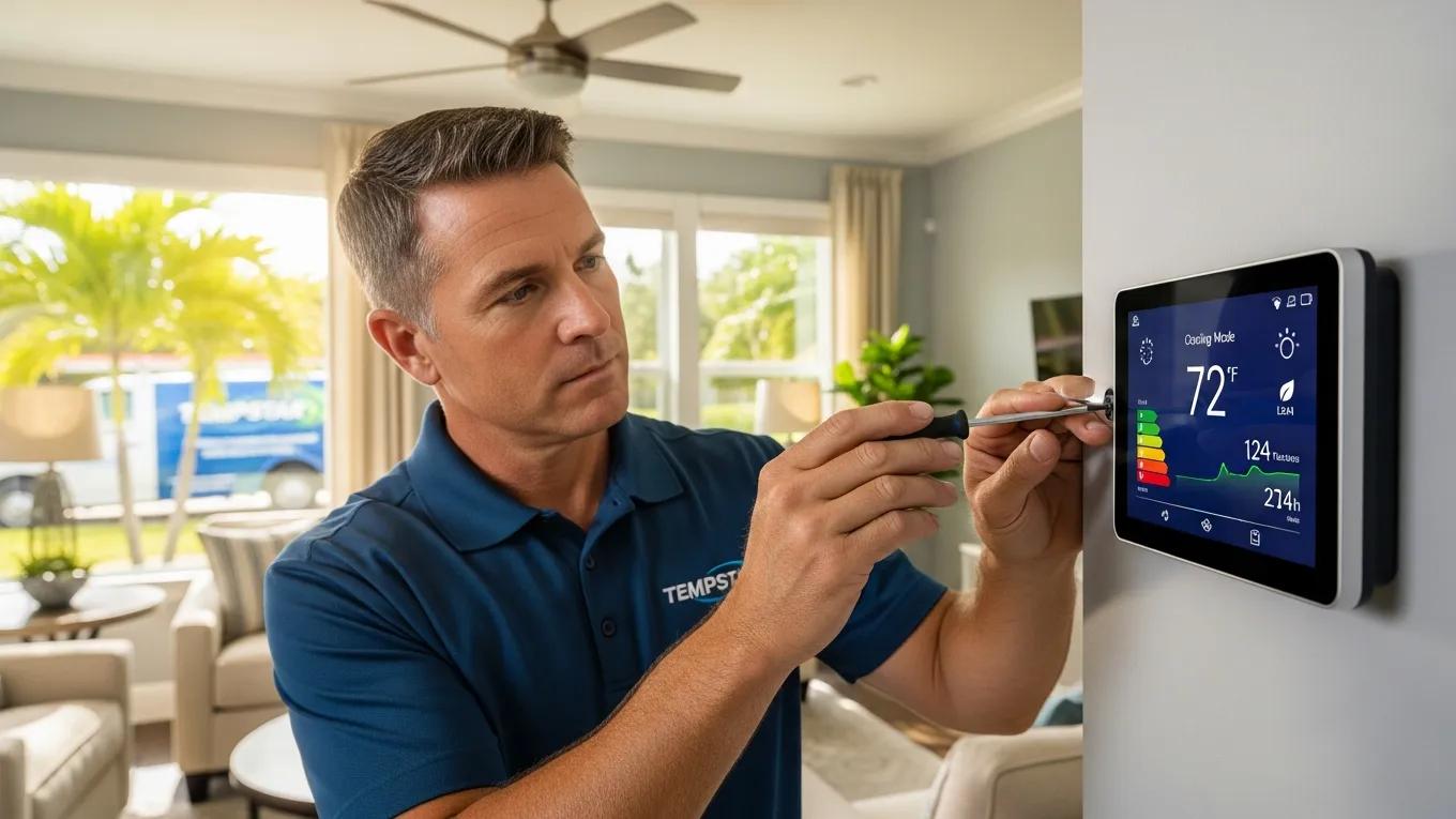 Technician adjusting a smart thermostat in a Florida home, showcasing Tempstar HVAC energy efficiency