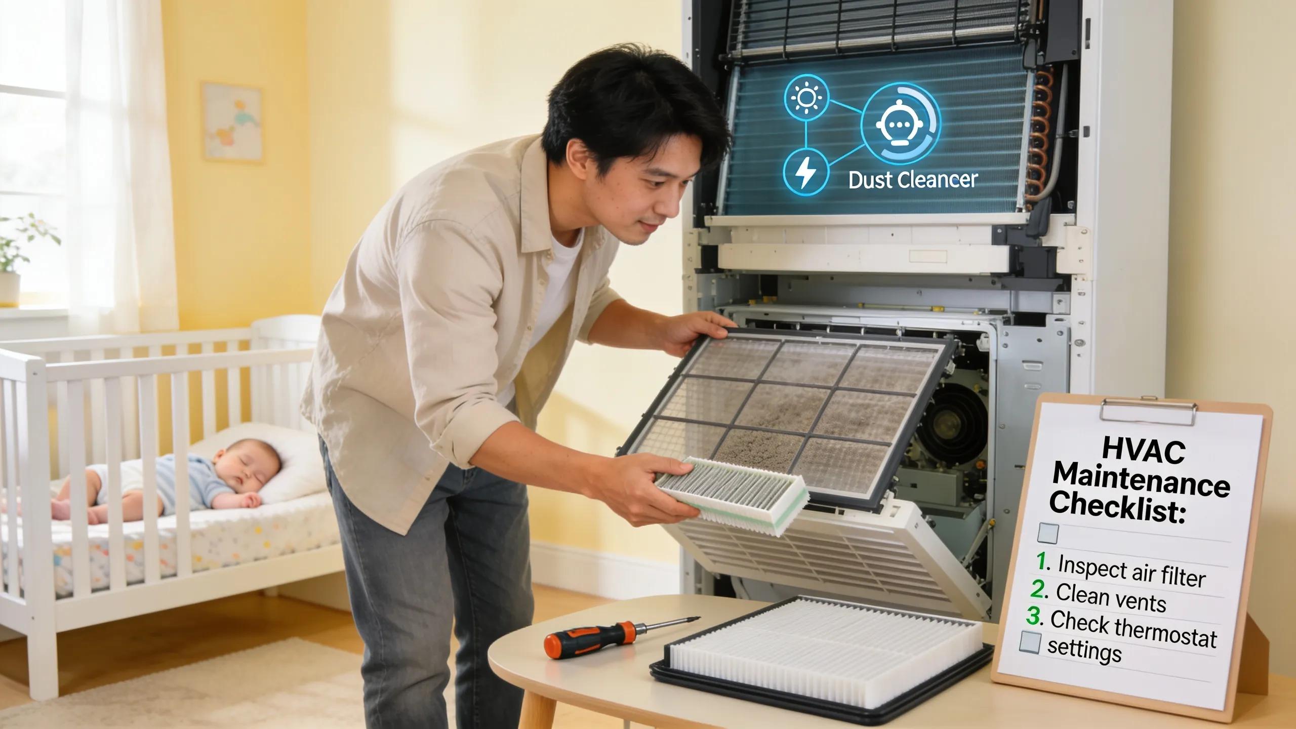 Parent checking HVAC system for maintenance, ensuring air quality and safety for infants