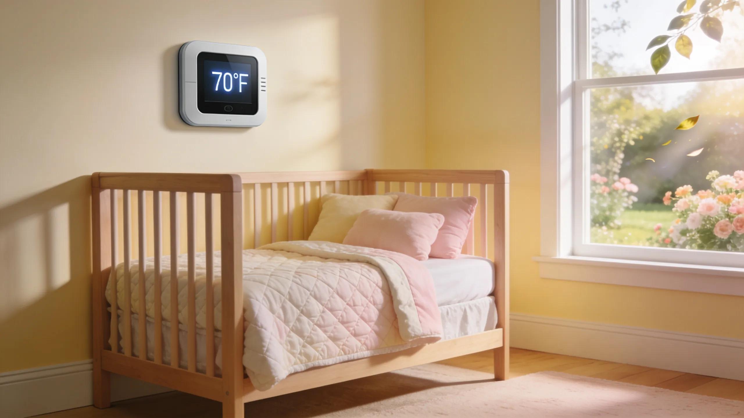 Cozy nursery setup with a crib, thermostat showing ideal temperature, and calm window view