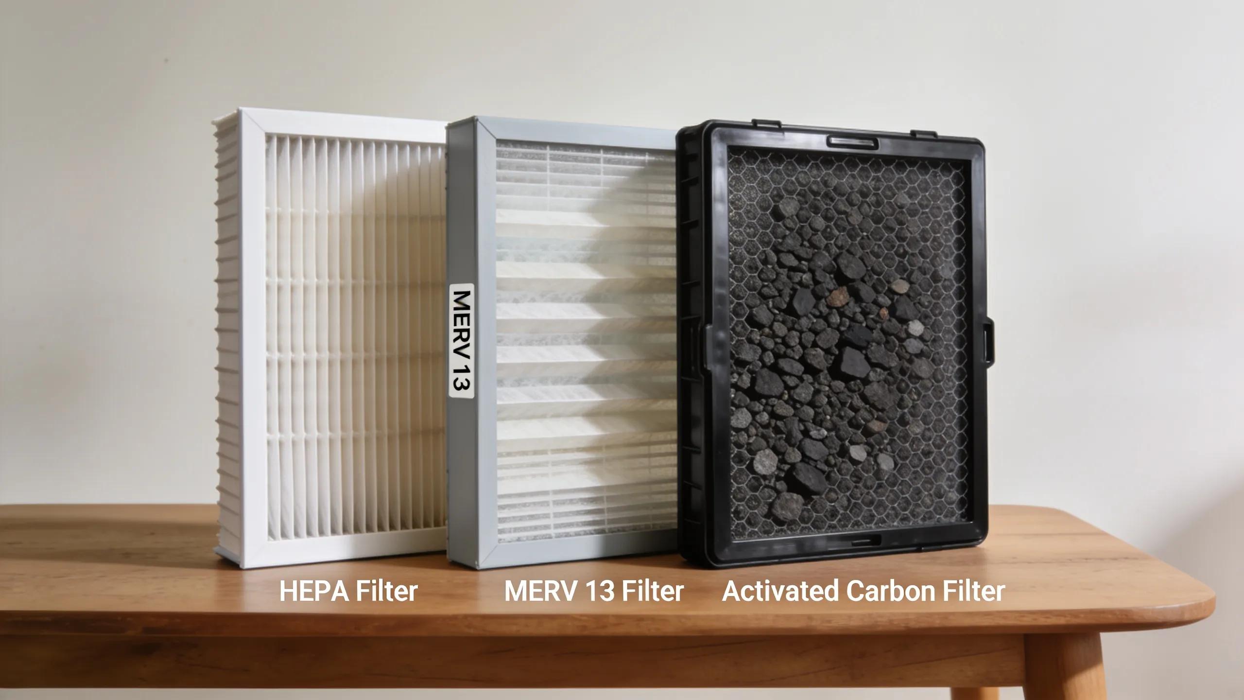 Three types of HVAC filters: HEPA, MERV rated, and activated carbon, displayed on a table for comparison.