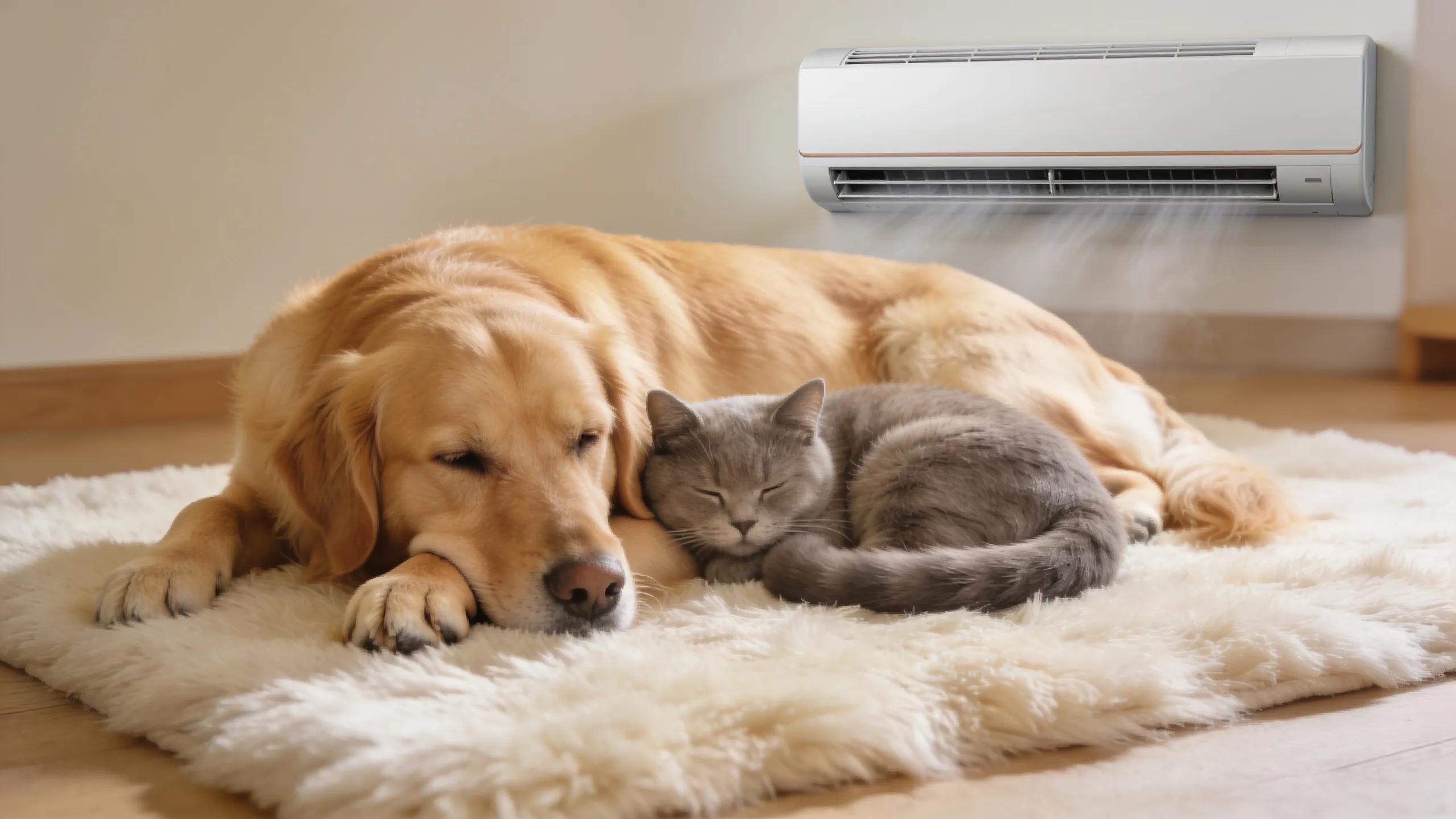 A dog and cat relaxing in a clean living room with an HVAC unit in the background, emphasizing air quality.