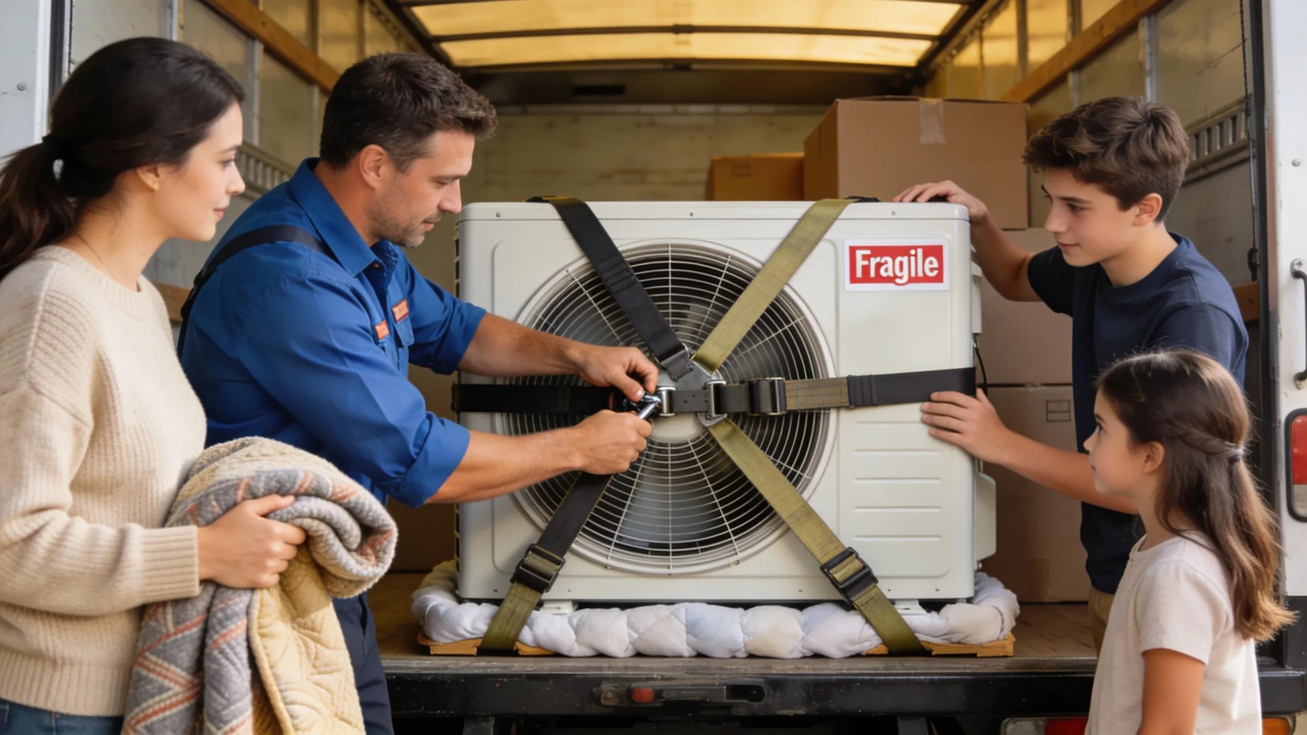 Family safely transporting an HVAC unit in a moving truck during relocation