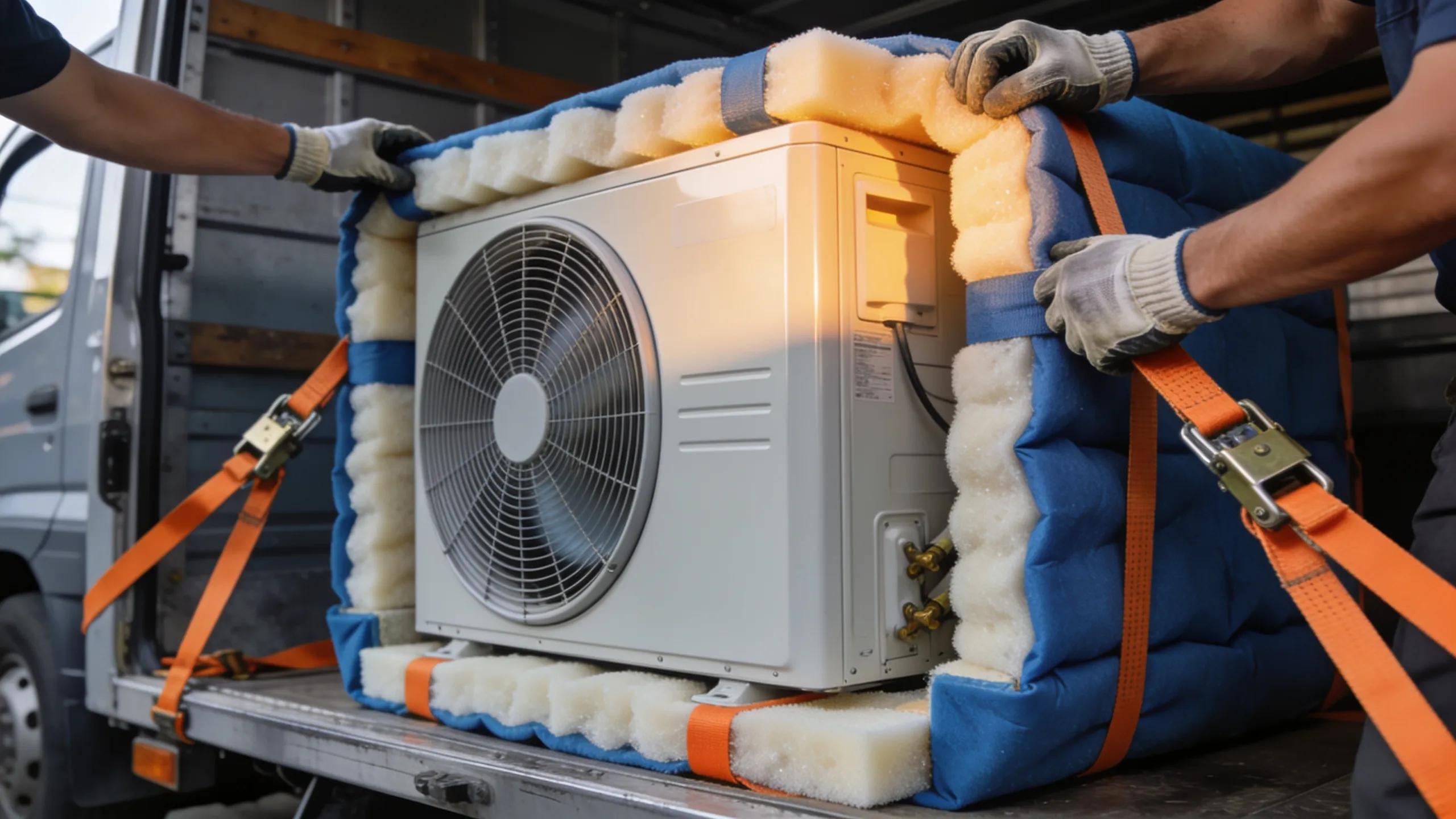 HVAC equipment secured with padding for safe transportation