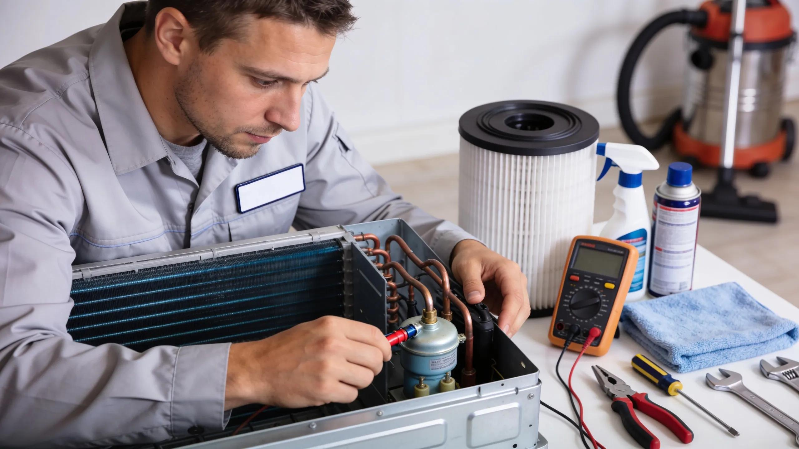 HVAC technician inspecting system components before relocation