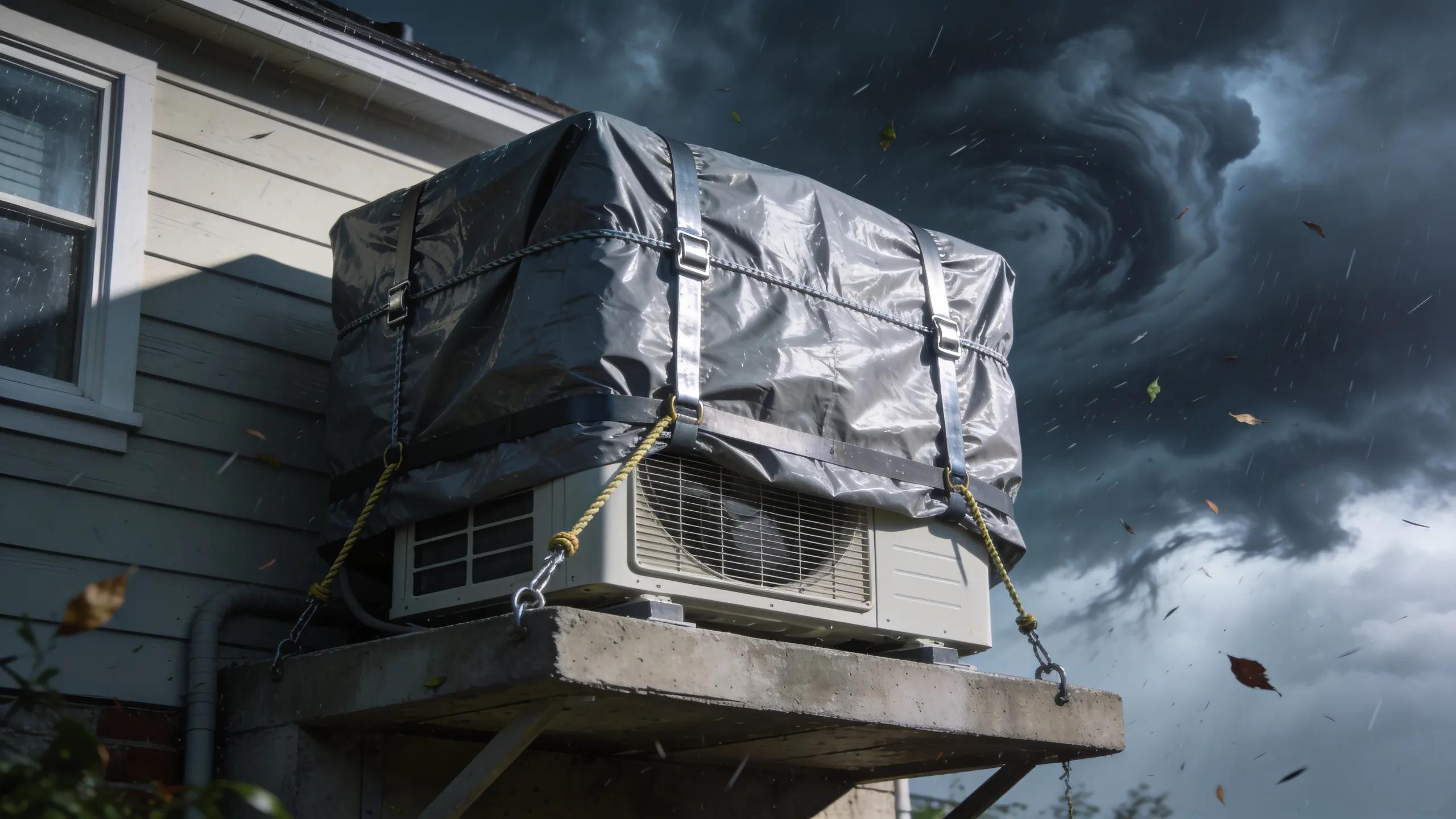 HVAC system protected against hurricanes with elevated outdoor unit and protective cover