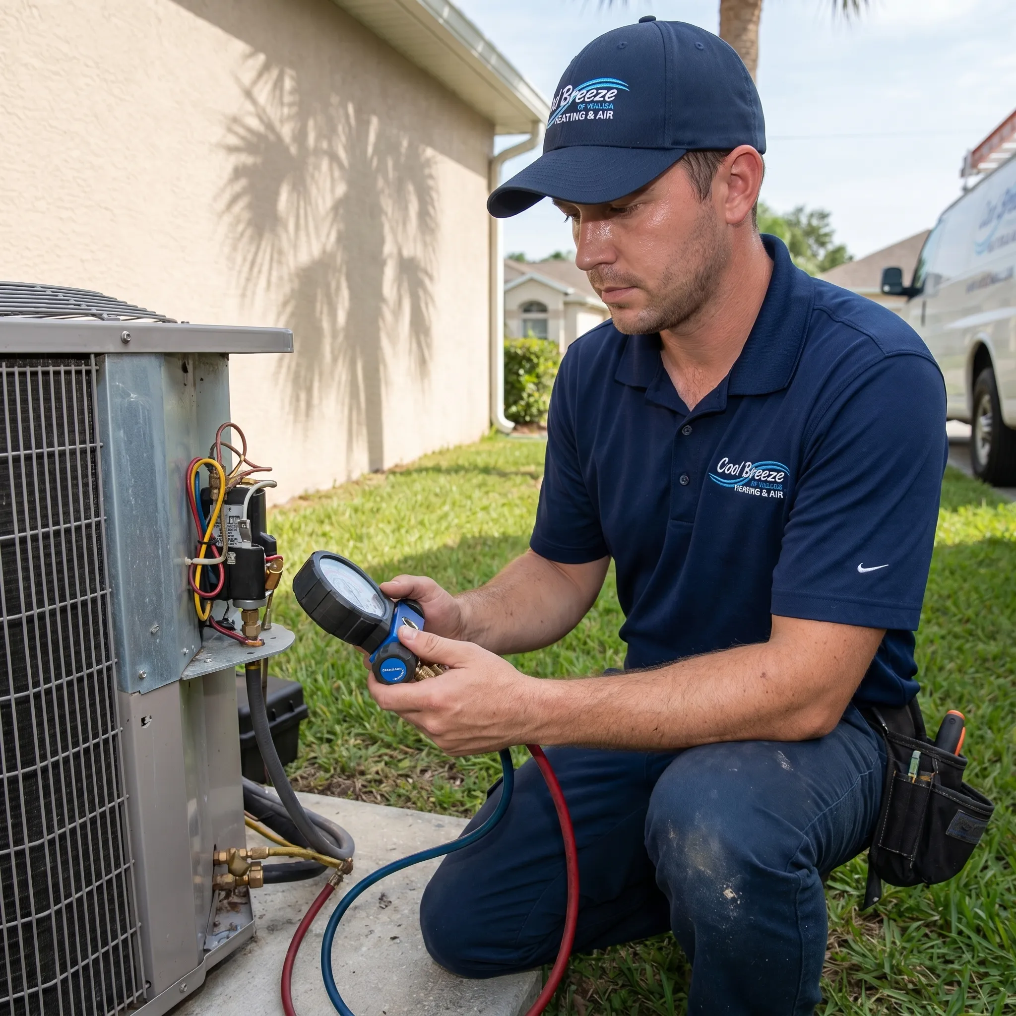 HVAC technician assessing storm-damaged HVAC unit in a residential area