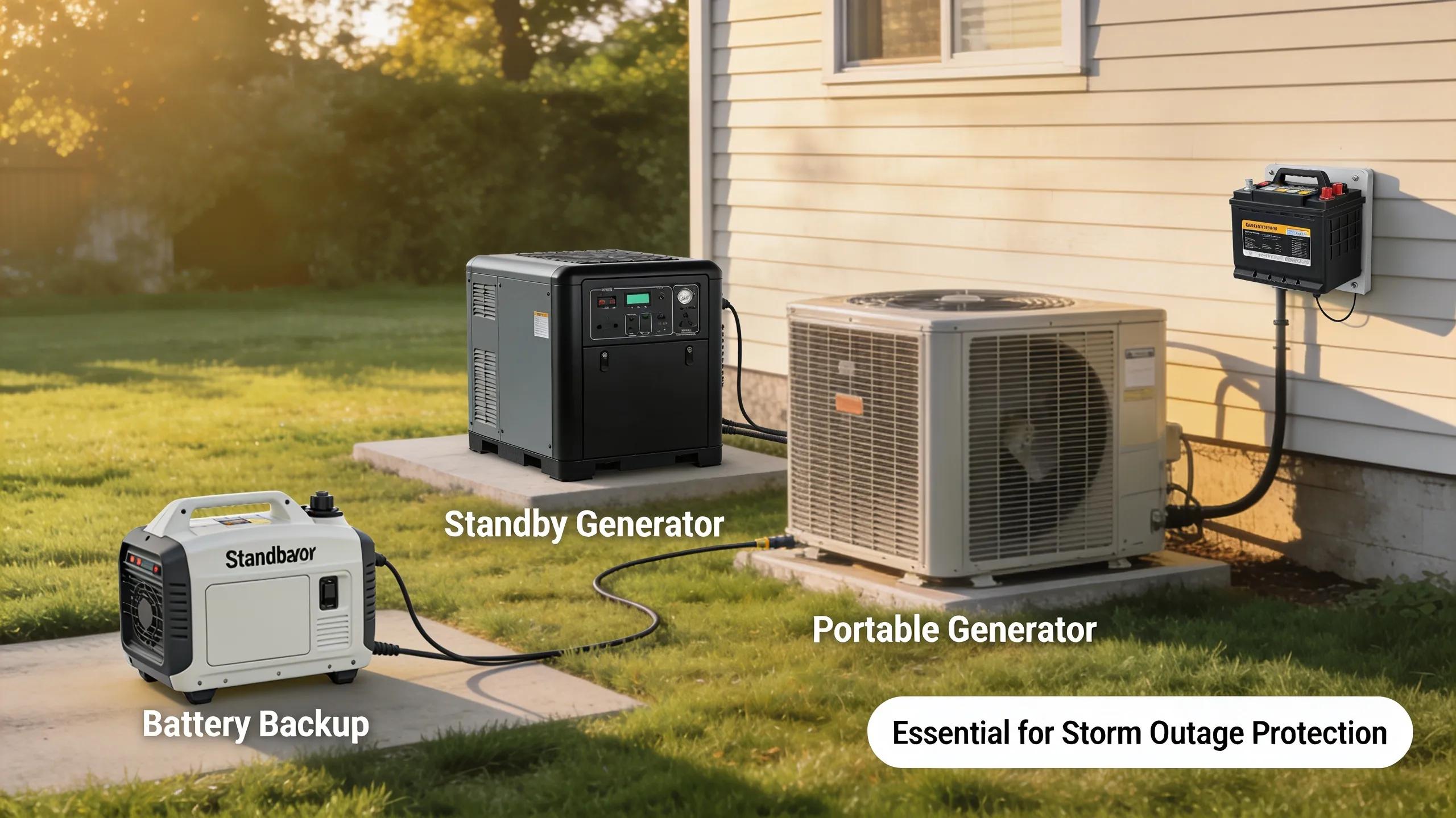 Various backup power solutions for HVAC displayed in a residential setting