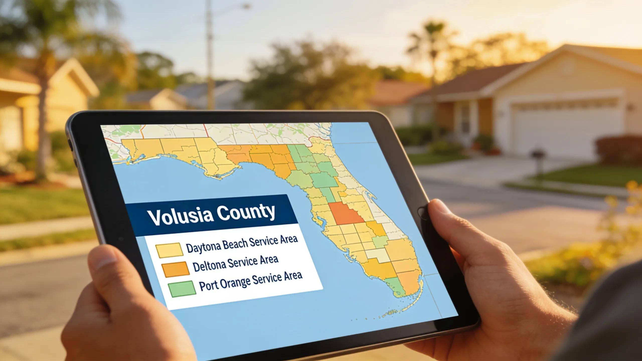 Visual representation of a service area map for HVAC coverage in Volusia County, emphasizing local accessibility