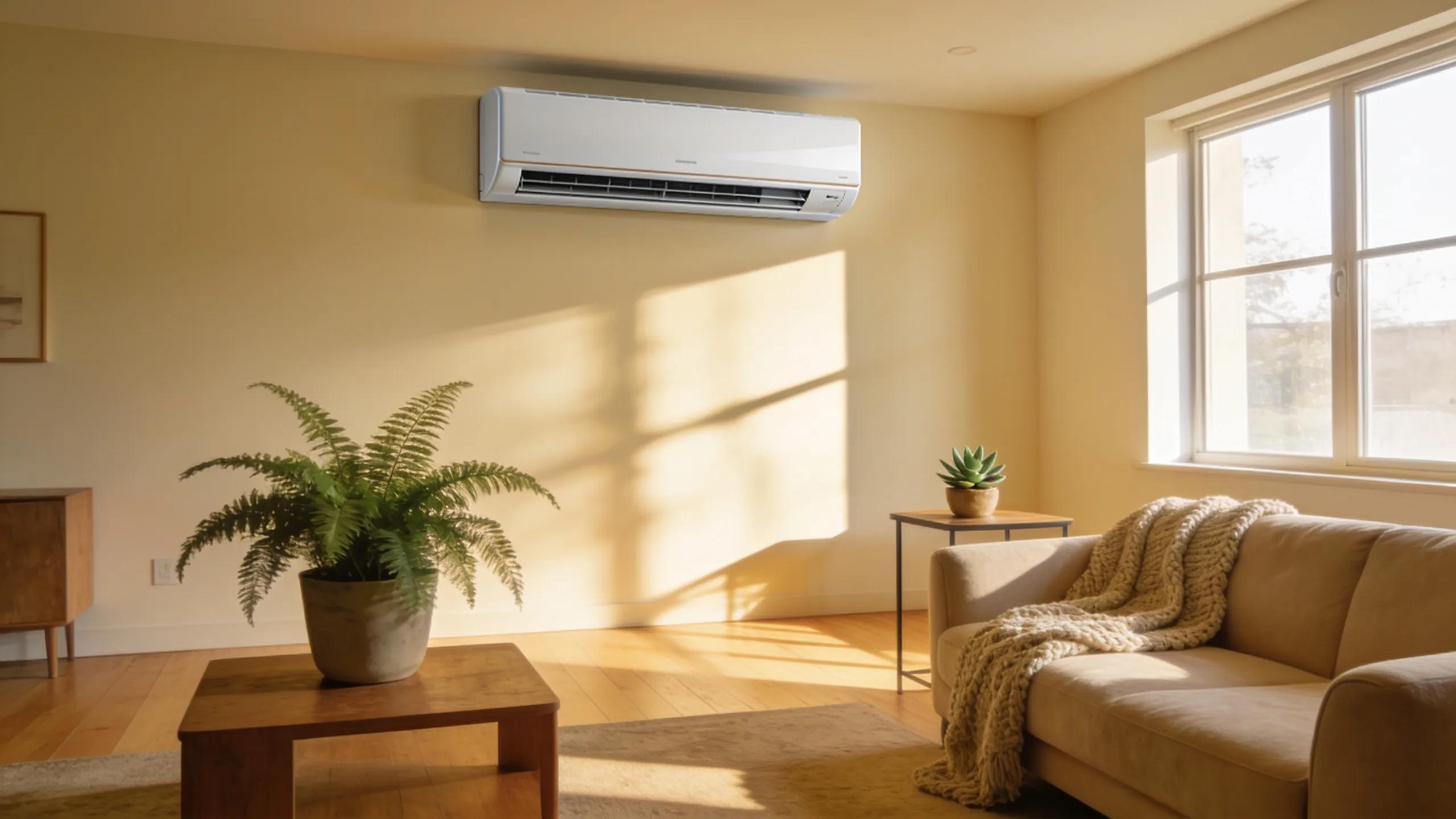 Modern living room with energy-efficient HVAC system, showcasing comfort and environmental considerations in home maintenance