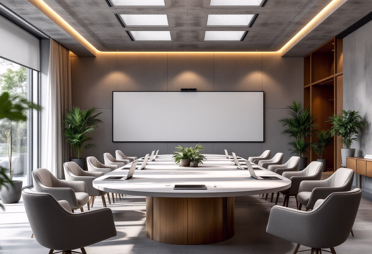image of a business meeting room with digital devices (for a b2b saas)