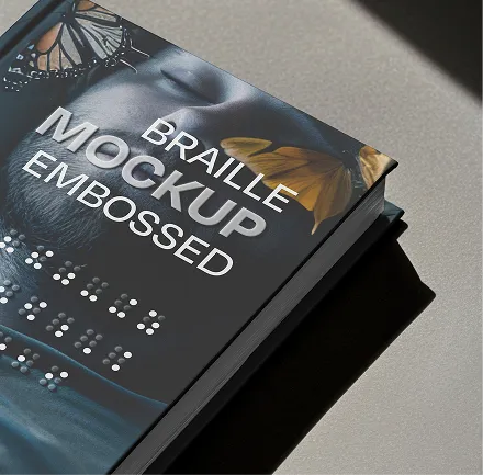 Closed book titled 'Braille Mockup Embossed' with butterfly images and Braille dots on the cover casting a shadow on a light surface.
