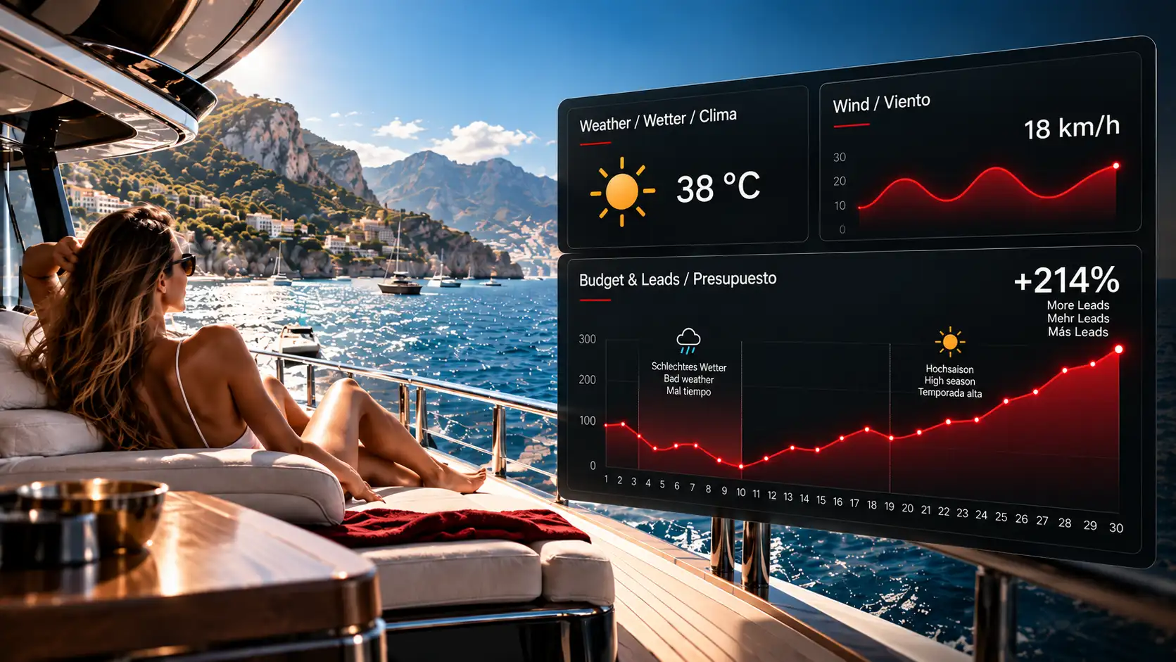 Moderne Yacht auf dem Meer mit einer Frau auf dem Deck und einem digitalen Dashboard, das Wetterdaten, Windstärke und ein optimiertes Budget-Wachstum anzeigt.