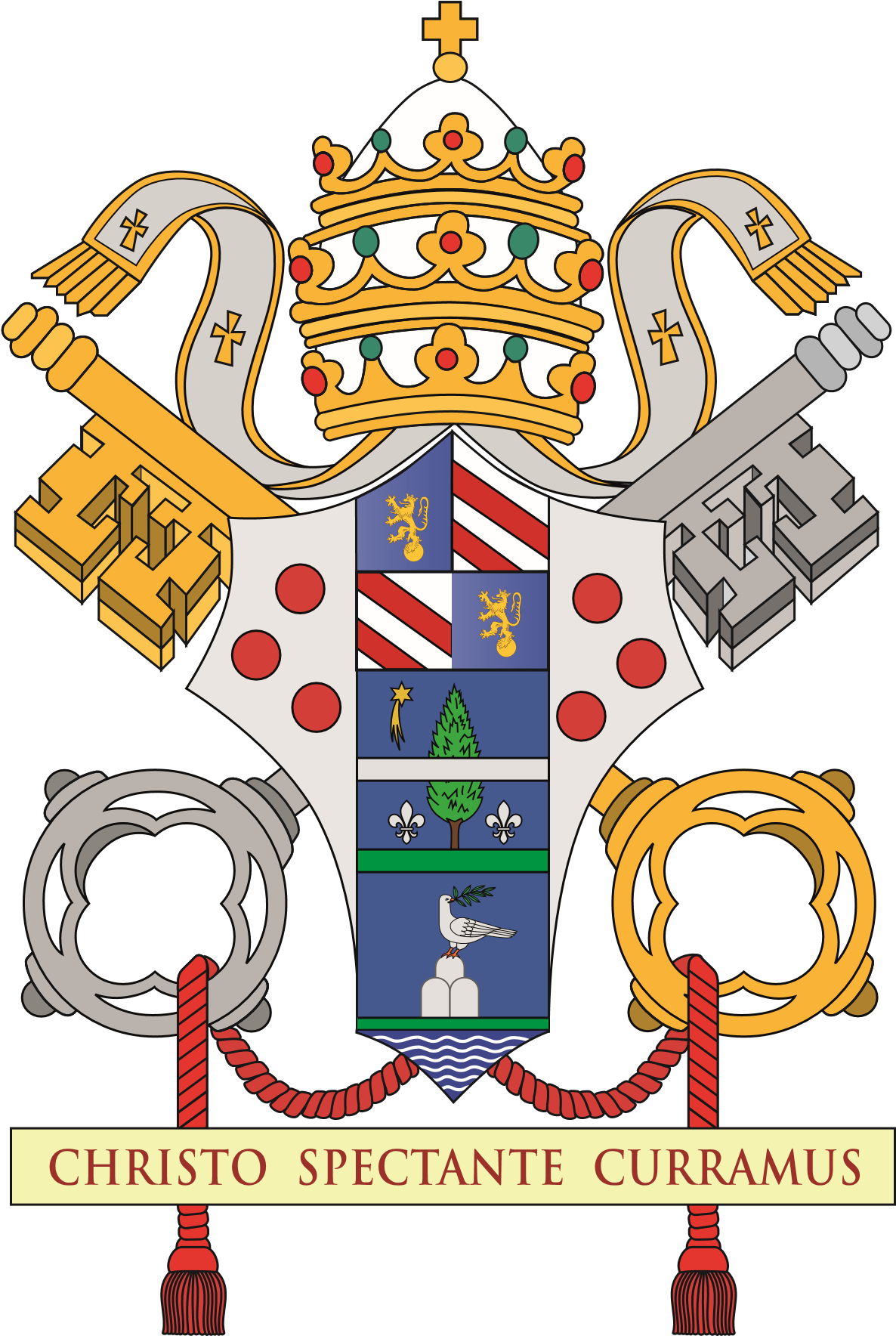 Ecclesiastical coat of arms featuring a papal tiara, crossed golden and silver keys, and a shield with various symbols including lions, a tree, fleur-de-lis, a dove with olive branch, and the motto 'CHRISTO SPECTANTE CURRAMUS'.