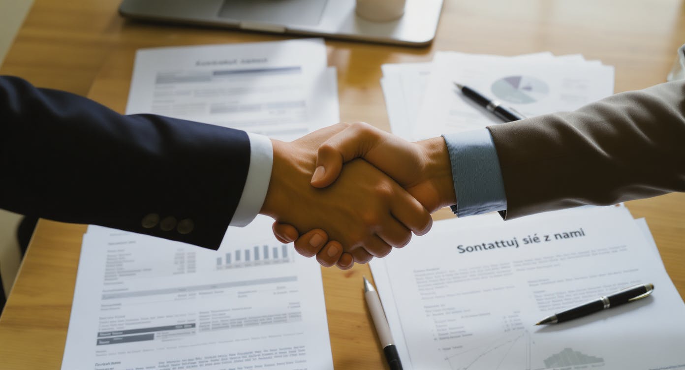 Ikona dłoni podających sobie ręce na tle wykresów finansowych, z napisem "Skontaktuj się z nami", symbolizująca profesjonalne doradztwo i wsparcie BenchMarkET.