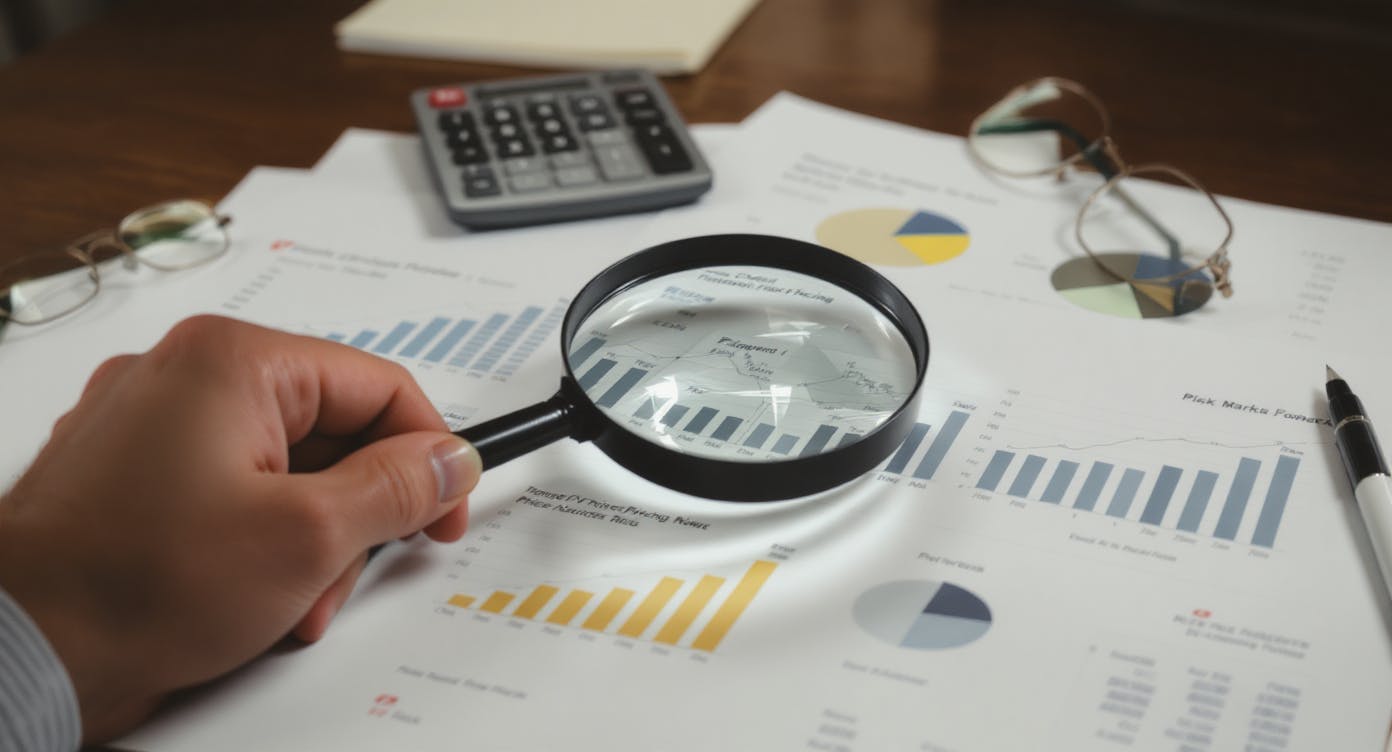 Ręka trzymająca lupę nad dokumentami finansowymi z wykresami i danymi, symbolizująca analizę i monitoring ryzyka podatkowego w międzynarodowych transakcjach.