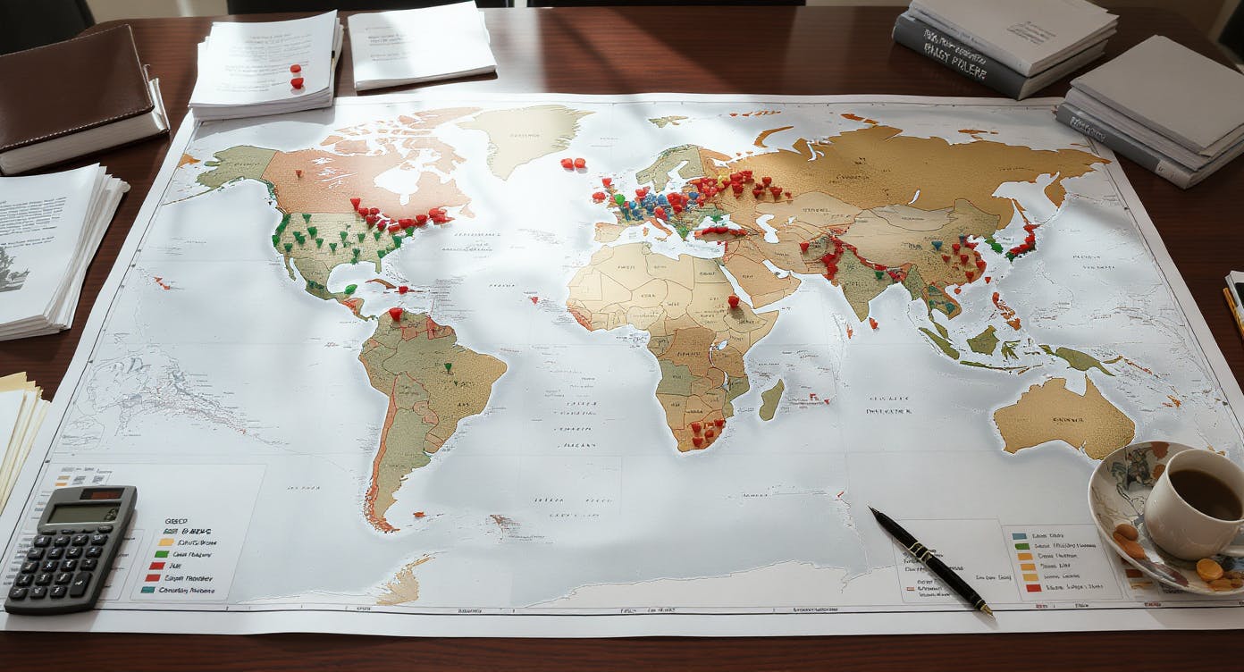 Mapa świata z zaznaczonymi różnymi ikonami regulacji prawnych, symbolizująca globalną złożoność przepisów podatkowych w zakresie cen transferowych.