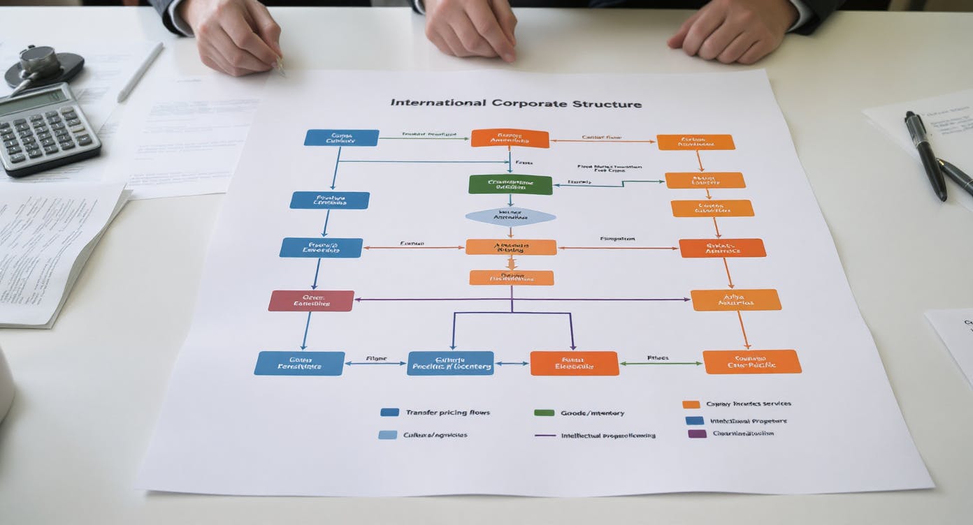  Schemat globalnych powiązań między spółkami z oznaczonymi strzałkami przepływów kapitałowych i towarowych, symbolizujący międzynarodowe transakcje i wyzwania cen transferowych.