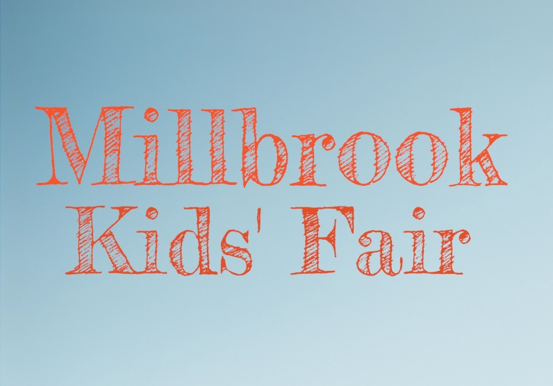 The words Millbrook Kids Fair displayed on a blue background