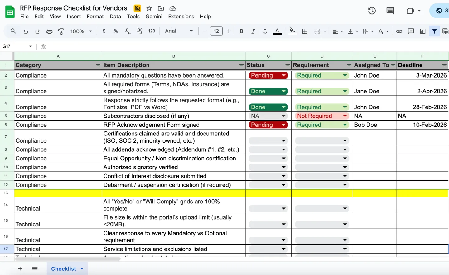 RFP checkpoint sample template screenshot