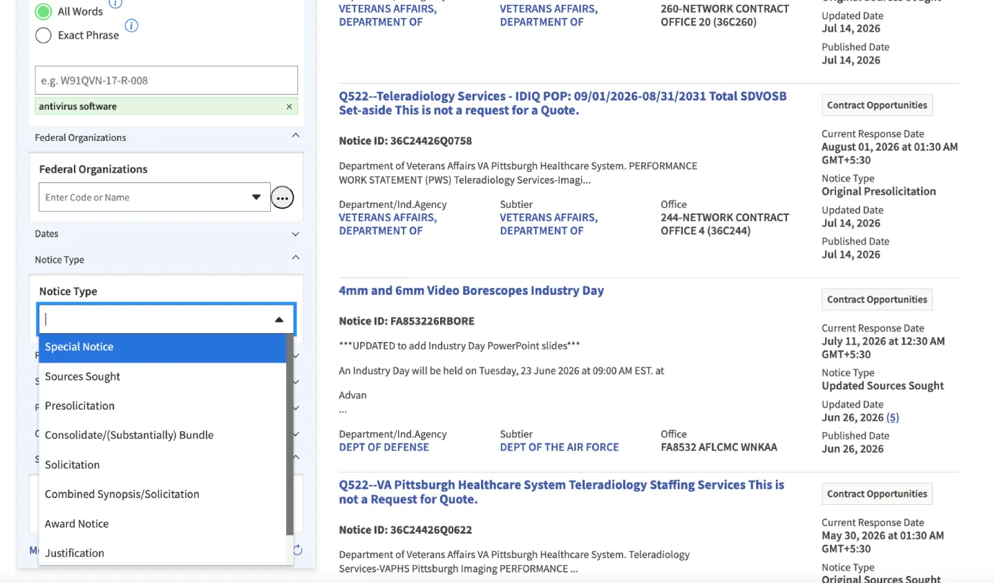 An image showing how to search government contract on sam.gov and using filters