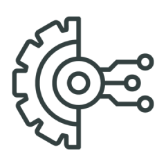 Icon depicting a half gear connected to three circuit lines, representing technology or automation.