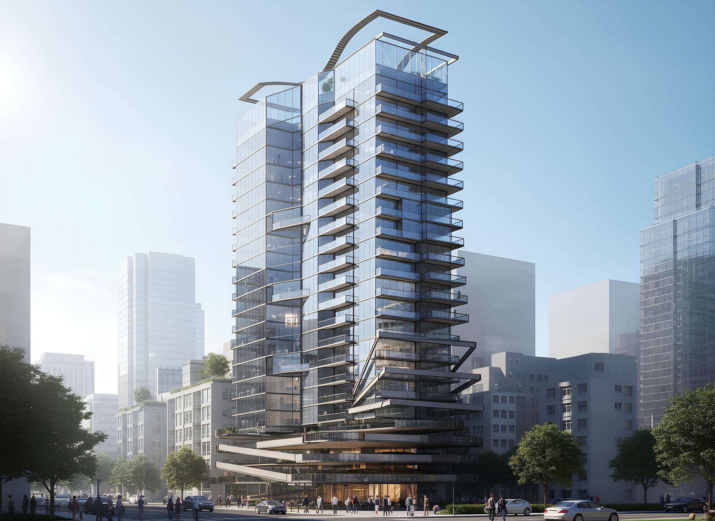 Modern high-rise building with glass facade and balconies in an urban setting with people and cars on the street.