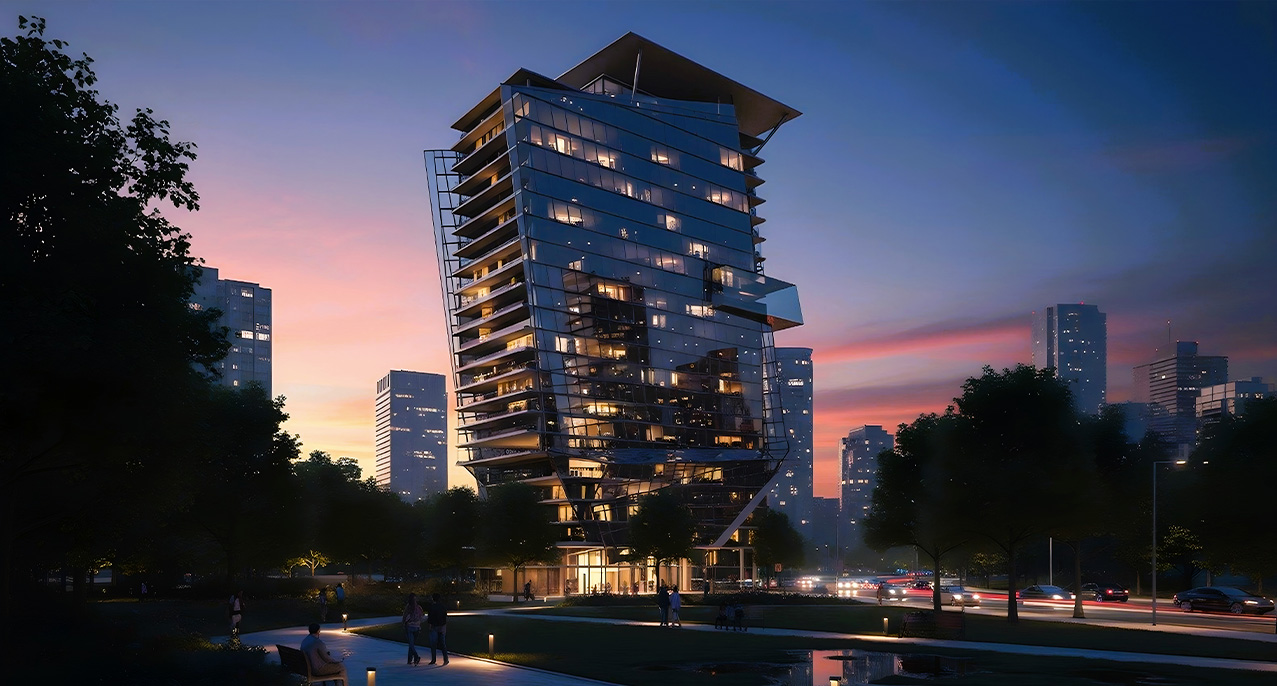 Modern glass building illuminated at dusk with city skyline and people walking nearby.
