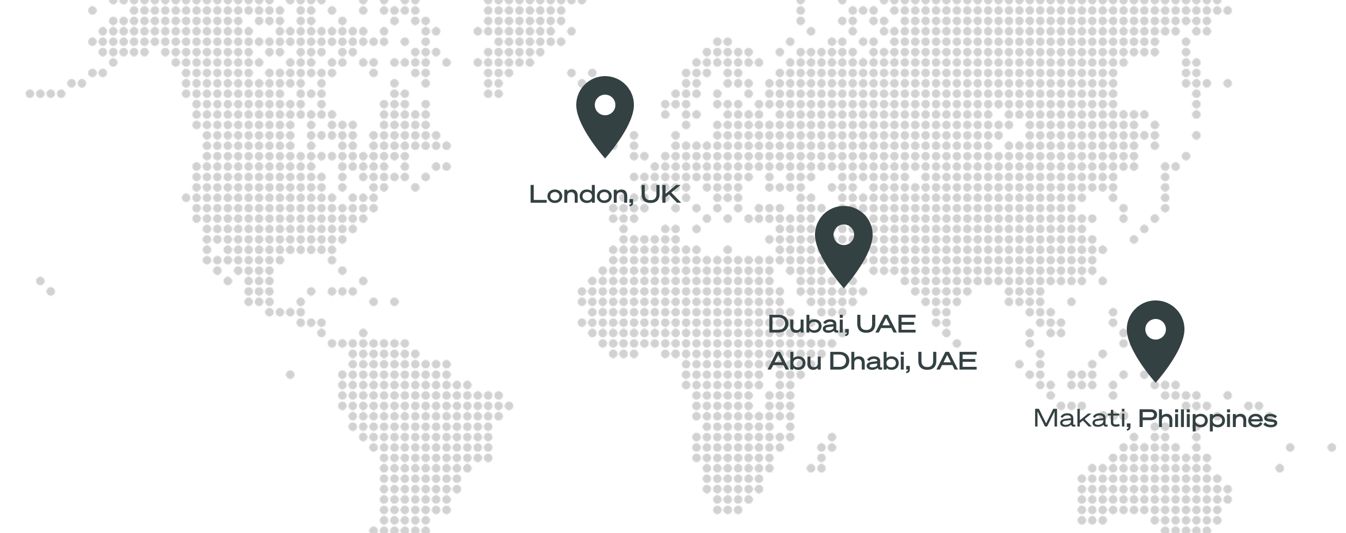 World map with dotted pattern marks showing locations in London, UK; Dubai and Abu Dhabi, UAE; and Makati, Philippines.